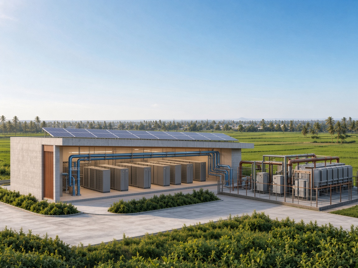 Design impression of a regional AI node: the view passes from the farmland and the hall outside into the open interior, where coolant runs from the plant to the racks. Solar sits on the roof. Not a photograph of an operating VIYAT campus.